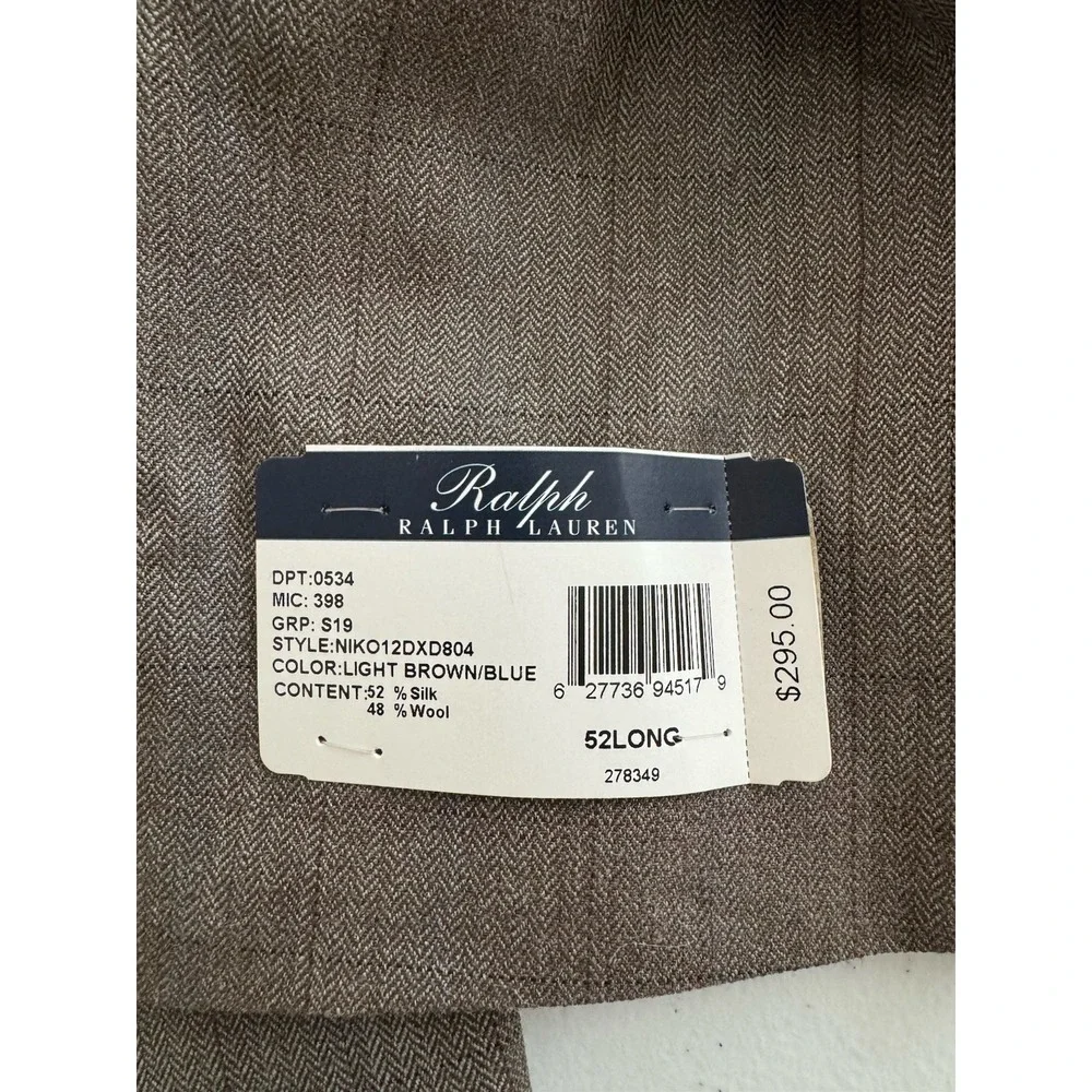 Ralph Lauren Mens Wool/Silk Light Brown/Blue Plaid Suit Jacket 52 Long NWT